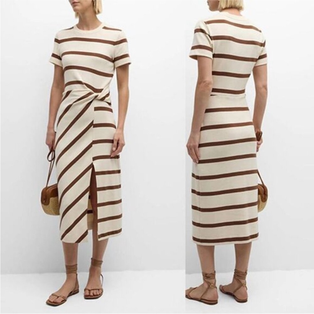 Tanya Taylor Cream and Brown Striped Short-Sleeve Midi Dress